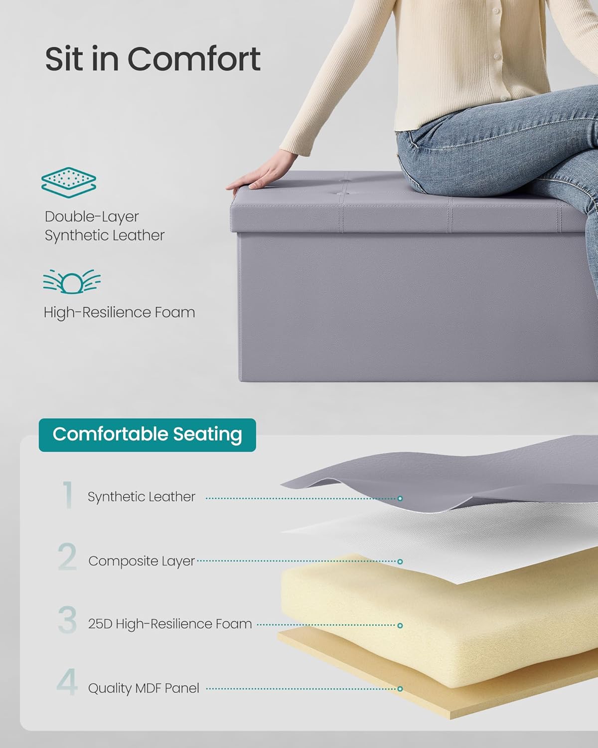 SONGMICS MAZIE Collection - 43 Inches Folding Storage Ottoman Bench, Ottoman with Storage, Foot Rest Stool, Load 660 lb, for Living Room, Synthetic Leather, Light Gray ULSF70GY