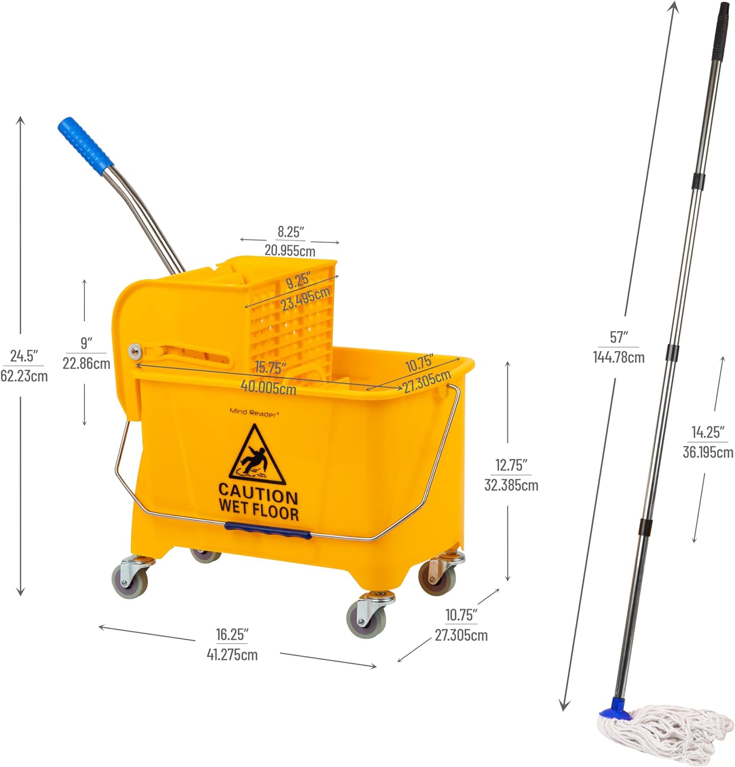 Mind Reader Bucket with Wringer and Mop Set, 22 Qt (5.5 Gallon), Floor Cleaning, Wheels, 16.25" L x 10.75" W x 24.5" H, Yellow