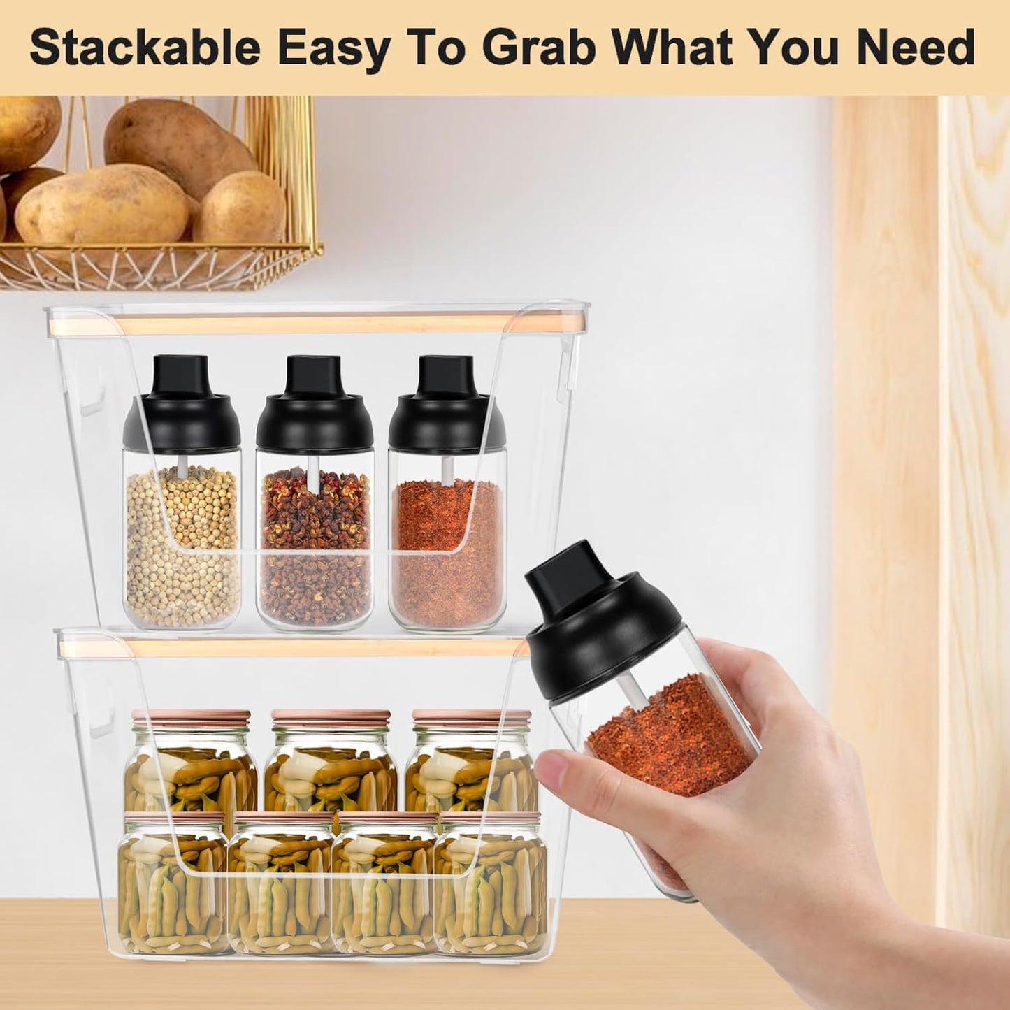 2 Pack Pantry Organizers Storage for Kitchen, Storage Bins with Bamboo Lids, Large Capacity, Clear Stackable Storage Containers forHome, Cabinet, Shelf, Food Storage & Fridge Organization