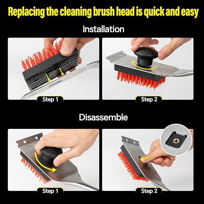 Nylon Grill Brush,Dual Grip Design,with Extended Luxurious Acaciawood Handle,Safe Nylon Bristles Barbecue Triple Scrubbers Cleaning Brush for Cast Iron Grates/Porcelain/Charcoal Grill