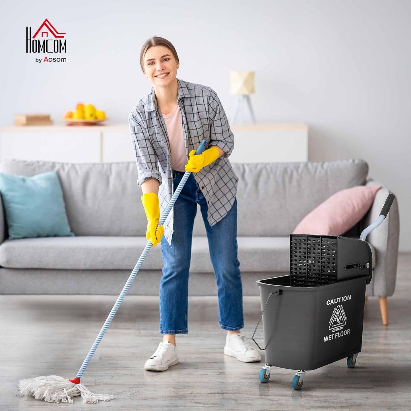 HOMCOM Compact Mop Bucket with Wringer on Wheels for Floor Cleaning, 21 Quart, Separate Dirty and Clean Water, for Home, Apartment, Black