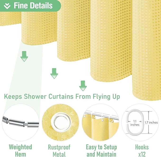 Dynamene Extra Long Shower Curtain - 96 Inch Long Waffle Weave Weighted Thick Cloth Bathroom Shower Curtain, Neutral Heavy Duty Hotel Bath Curtain Set with 12 Plastic Hooks,72x96, Yellow