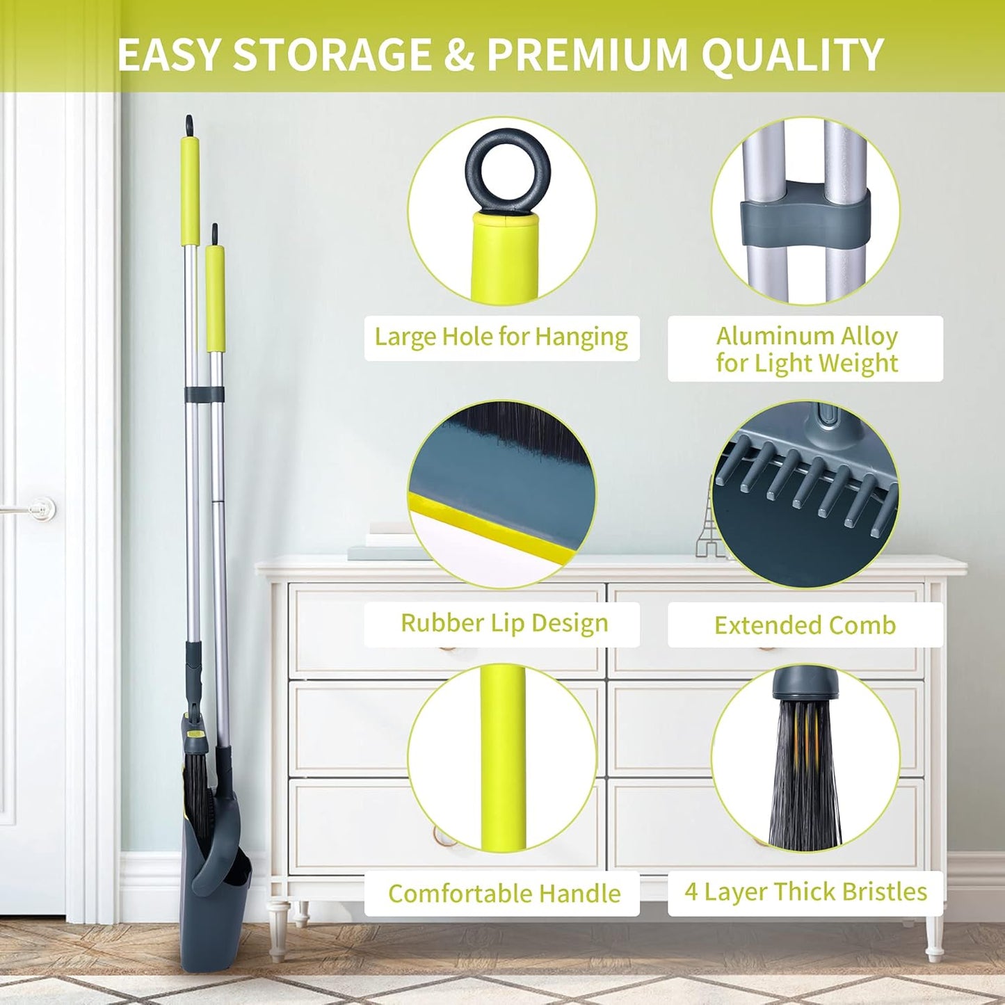 Broom and Dustpan Set for Home with 54" Long Handle, Upright and Lightweight Dust pan and Brush Combo for Kitchen Room Office Lobby Floor Cleaning, Dark Green
