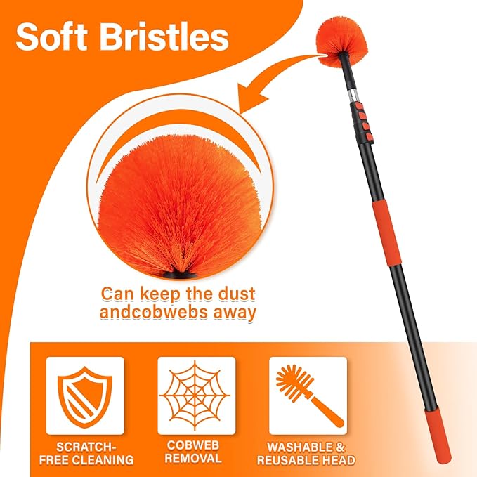 20FT Cobweb Duster with Extension Pole - High Reach Duster for High Ceilings & Outdoor Use - Telescoping Pole 3-12 Ft, Soft Bristles Cobweb Cleaner - 3/4" Acme Universal Thread