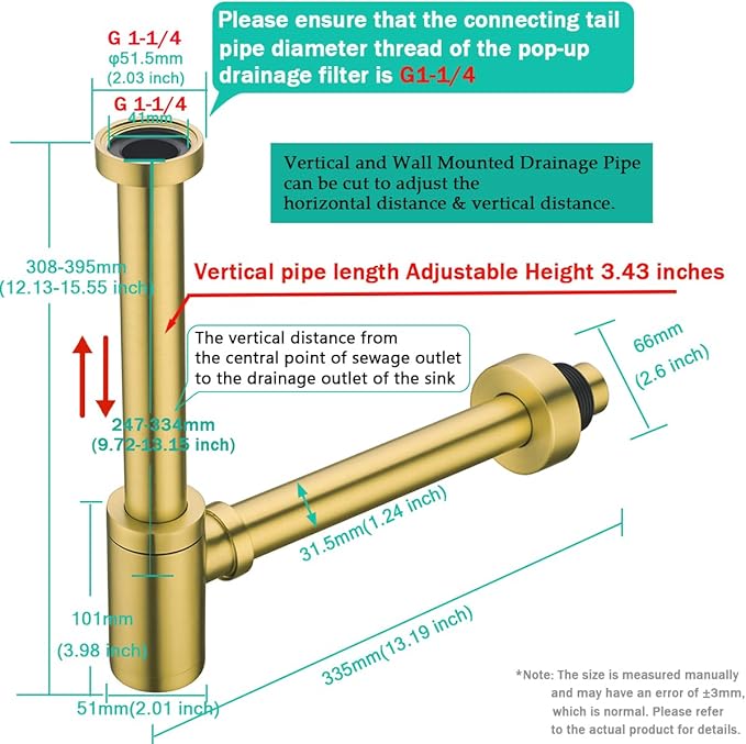 Brass Round Bottle P-Trap 1 1/4, Adjustable Basin Sink Waste Drain Trap Kit, Champagne Bronze P Trap,SE83888CB-L