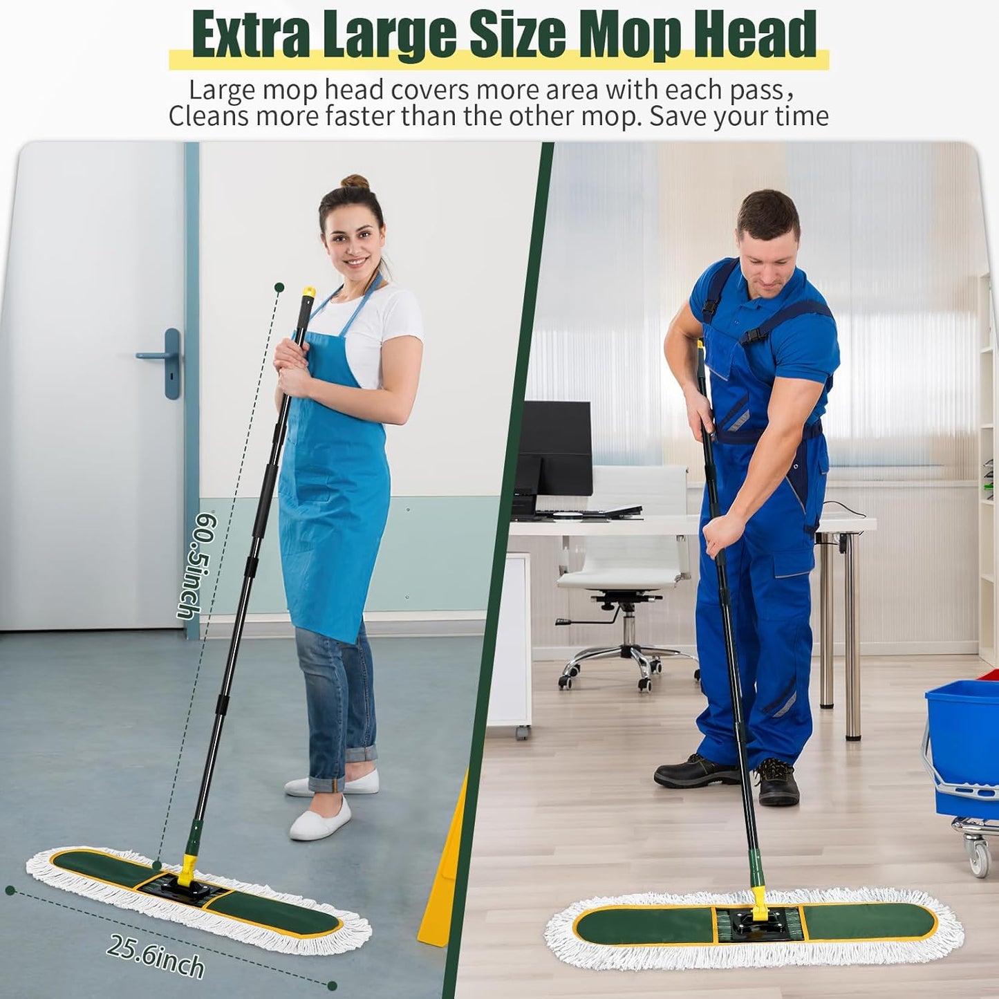 24" Commercial Dust Mop Replacement Padsfor Cleaning Office Garage Hardwood Warehouse, 2 Pack ,Green