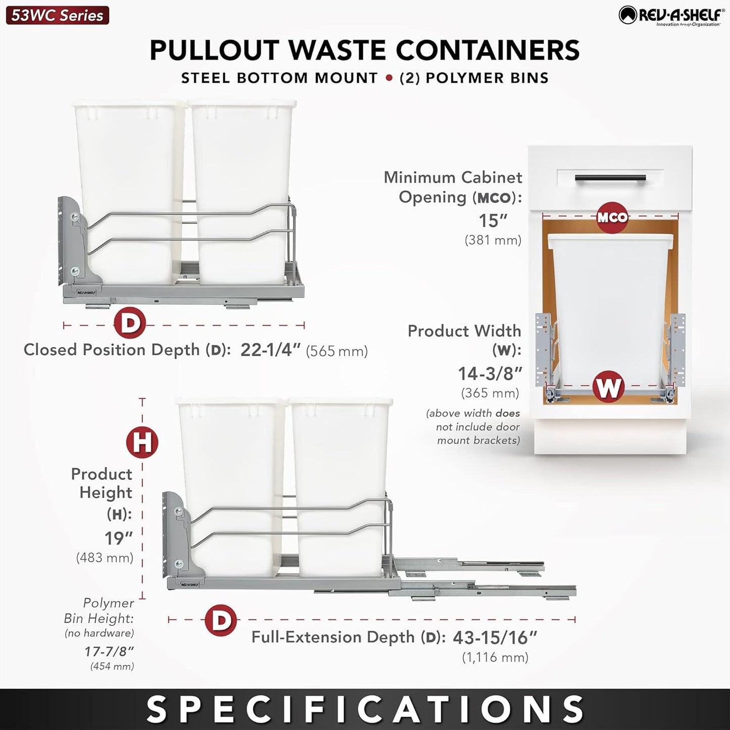 Rev-A-Shelf Double Pullout Trash Cans for Under Kitchen Cabinets 35 Quart 8.75 Gallon with Soft-Close Slides, Orion Gray, 53WC-1835SCDM-213