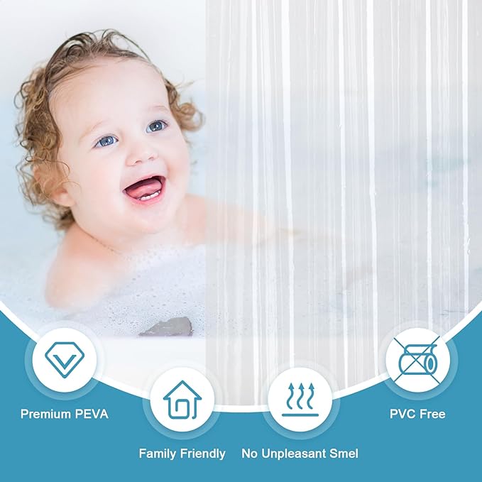 EurCross 48 x 84 inch Extra Long Stall Shower Curtain Liner with 3 Magnet Weights and Hooks, Heavy Duty Waterproof 9G PEVA Transparent Plastic Long Stall Shower Curtain, 8 Metal Grommets.