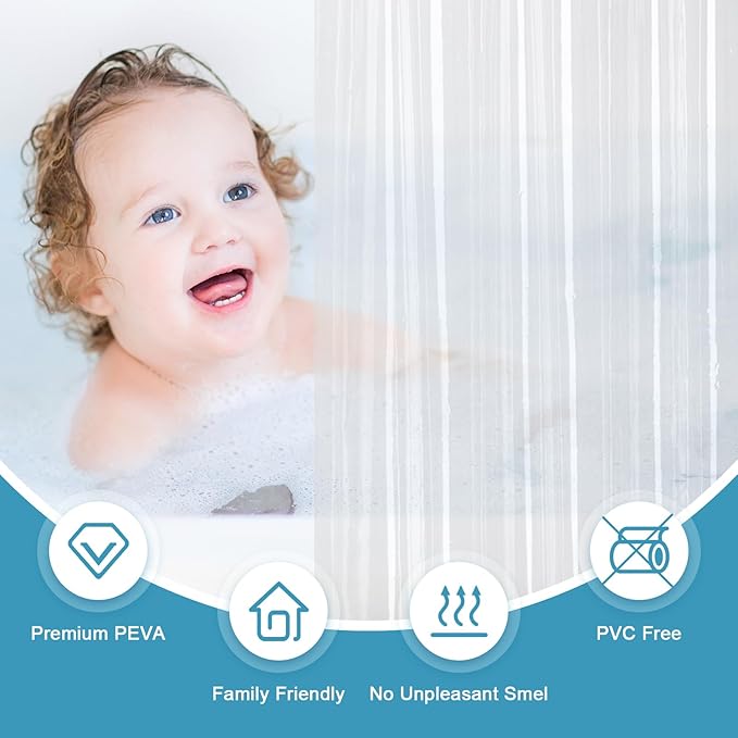 EurCross Shower Curtain Liner with Hooks and 5 Magnet Weights, Waterproof Premium 9G PEVA Clear Shower Liner or as See-Through Plastic Shower Curtain 72x72inch