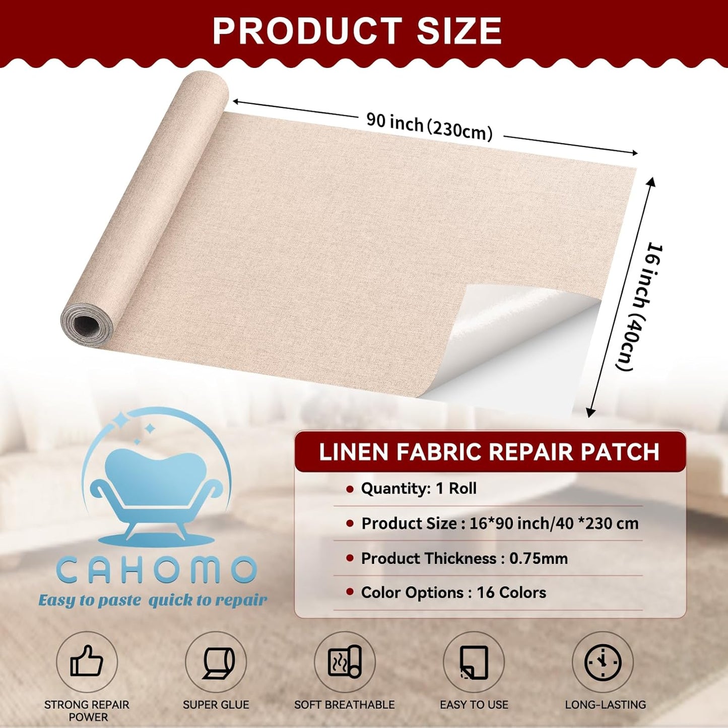 Linen Repair Tape 16x90 inch, Self Adhesive Fabric Patches, Linen Patch Tape Kit, Fabric Repair Tape for Couch Sofas, Headboards, Chairs, Pillows, Curtains, Couches - Light Grey