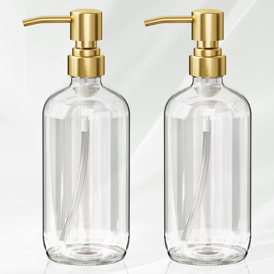 AmazerBath Soap Dispenser, 2 Pack Glass Soap Dispenser with Pump Stainless Steel, 17 Oz Clear Gold Hand Soap Dispensers for Bathroom and Kitchen