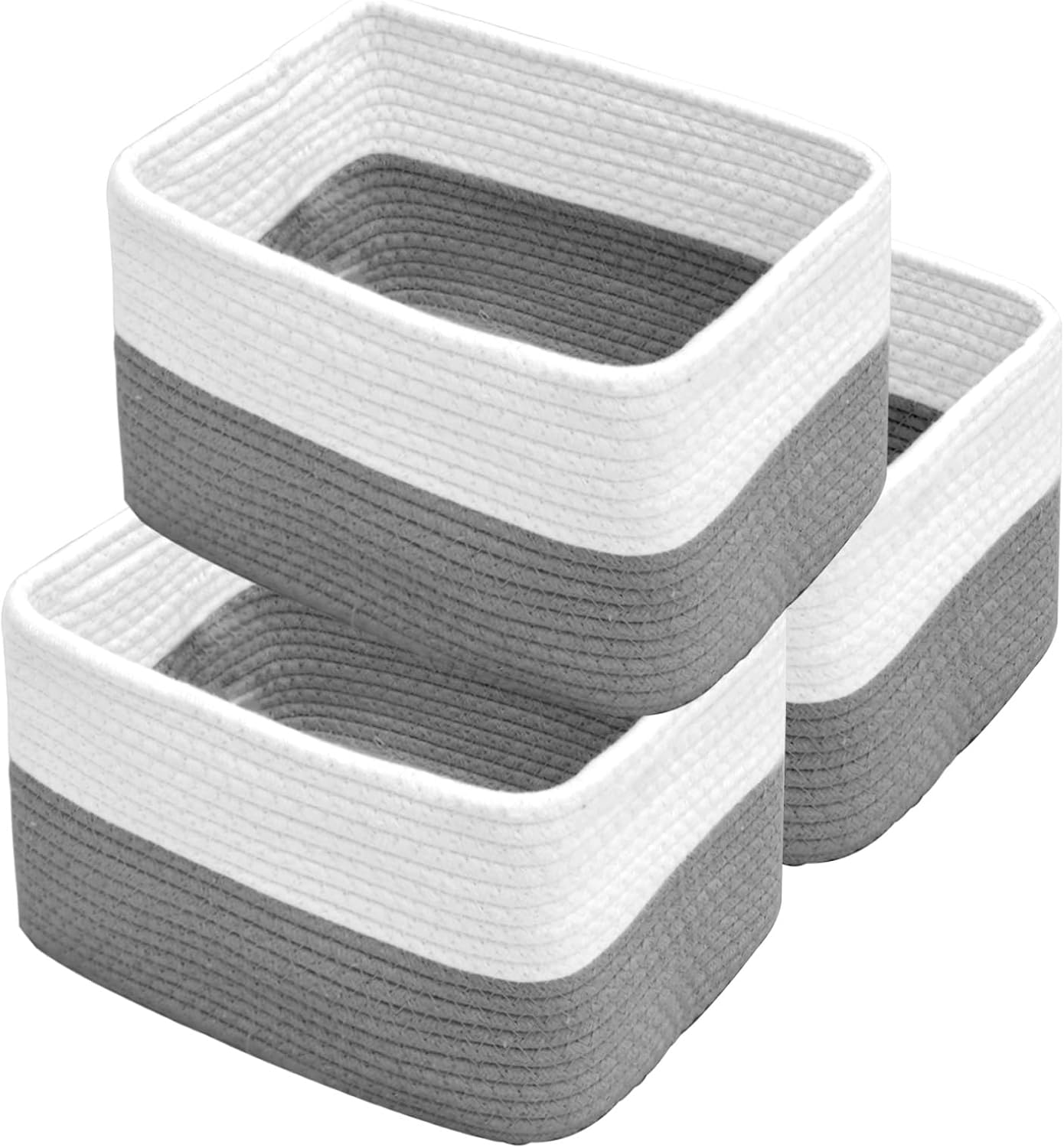 Hopegiver Woven Storage Baskets 11x8x7 Inch, 3 Pack Collapsible Cube Storage Bin for Shelves - Foldable Cotton Rope Organizer Bins for Towels, Toys, Books, Closet, Nursery (White Gray)