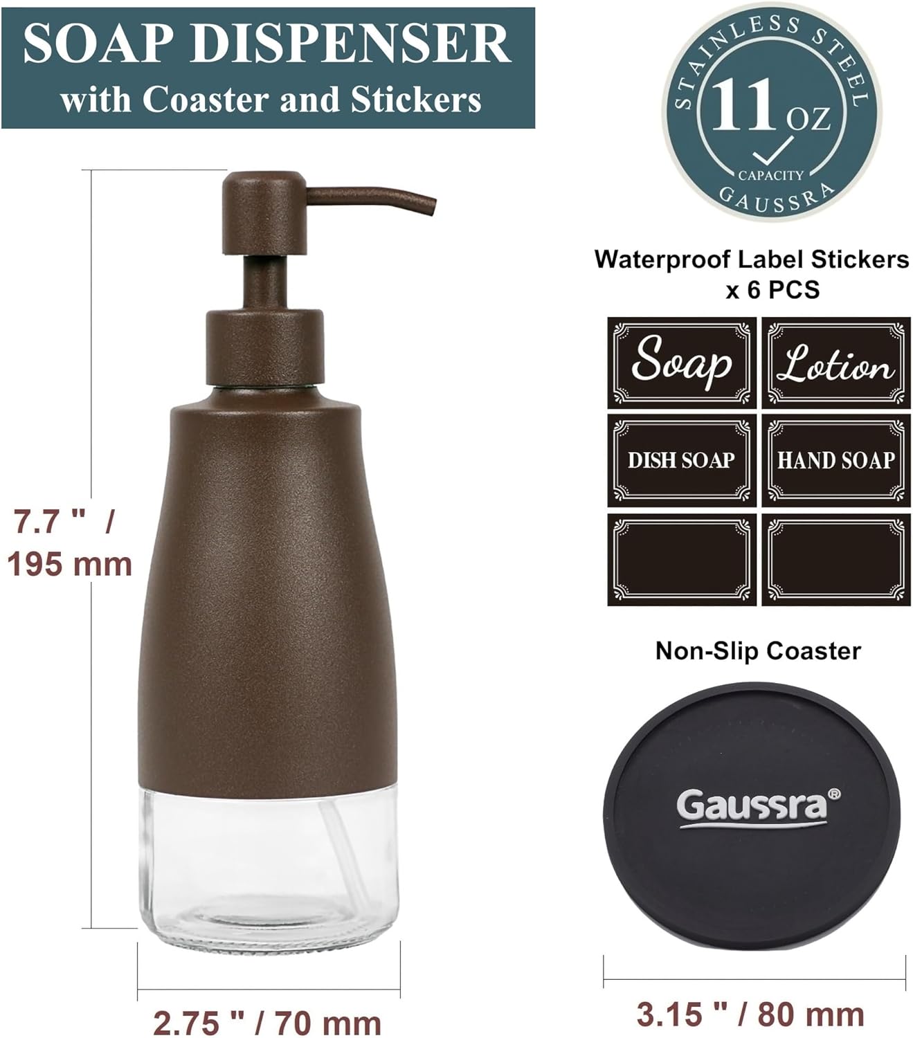 Gaussra Bronze Soap Dispenser with Coaster and Stickers, Stainless Steel and Glass Bottle Hand Pump Dispenser, Refillable Liquid Hand Soap Dispenser for Bathroom & Kitchen (11OZ / 320ML)