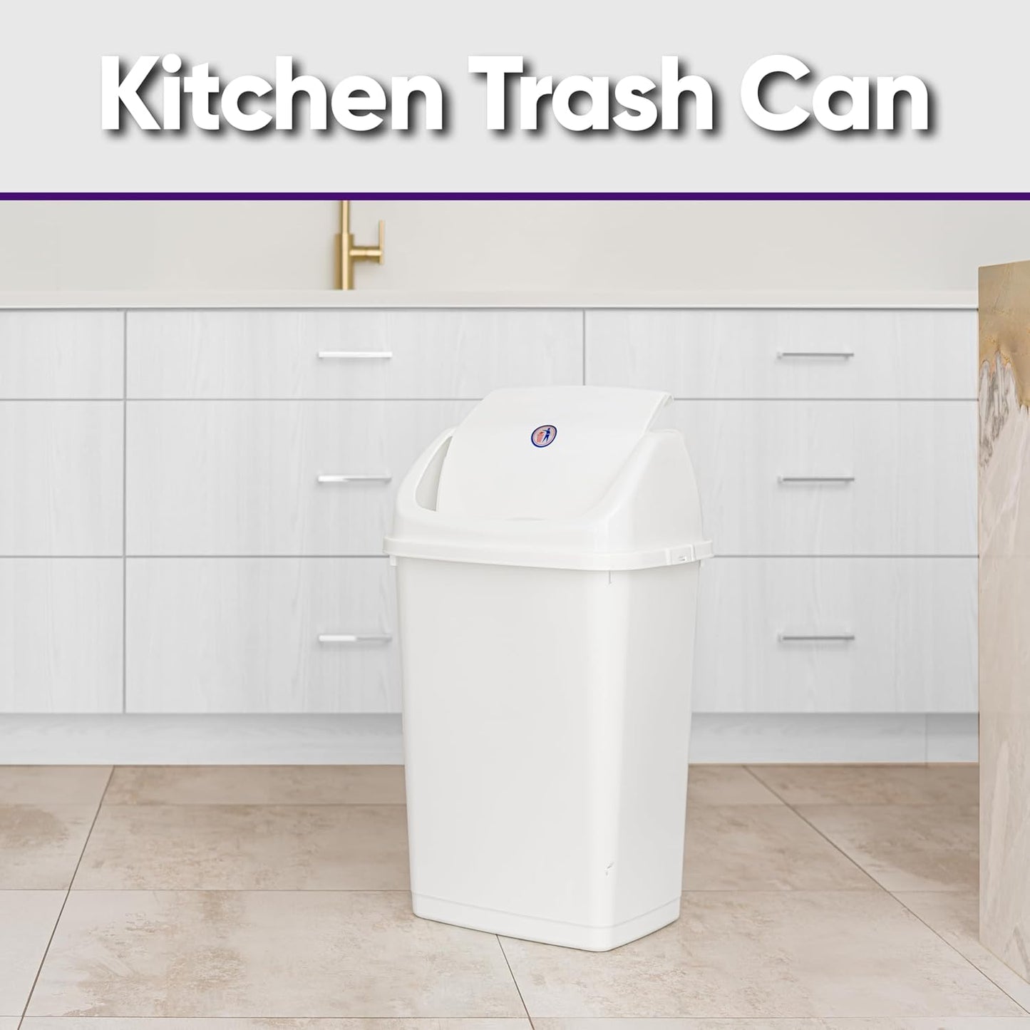 Superio Kitchen Trash Can 13 Gallon with Swing Lid, Plastic Tall Garbage Can Outdoor and Indoor, Large 52 Qt Recycle Bin and Waste Basket for Home, Office, Garage, Patio, Restaurant (White)