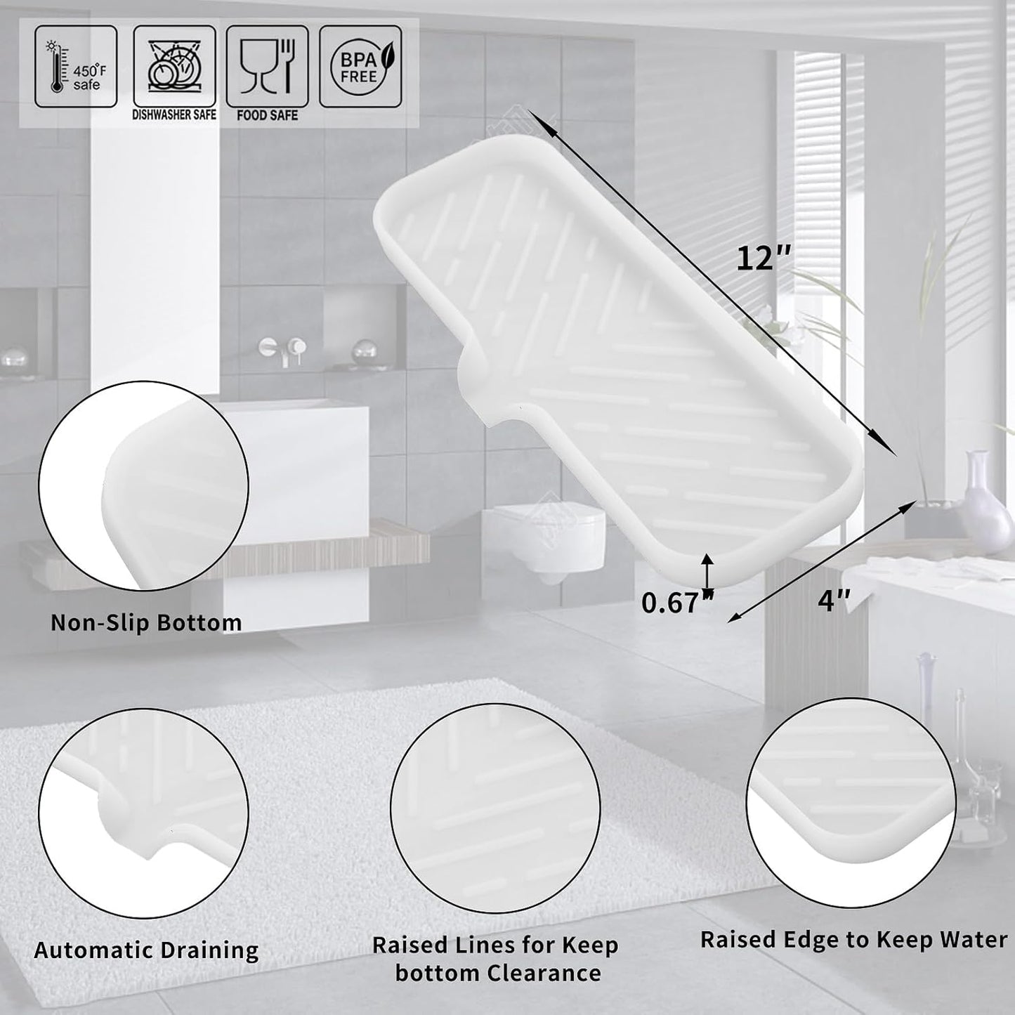 Silicone Bathroom Soap Dishes with Drain Spout-Bathroom and Kitchen Sink Organizer,Sponge Holder,Dish Soap Tray,Perfect for Dispenser,Scrubber,Bottle,Cup on Sink or Counter-Translucent 12"×4"