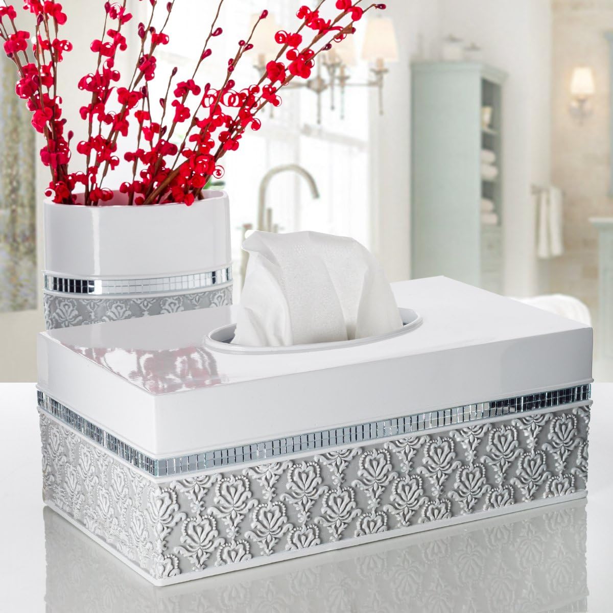 Creative Scents Mirror Damask Small Bathroom Trash Can 1.58 Gal / 6L - Decorative White and Gray Waste Basket - Durable Bathroom Wastebasket - Waste Bin for Powder Room Or Bedroom