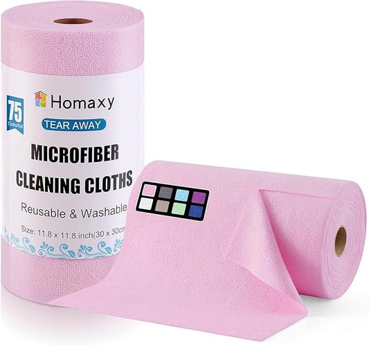 Homaxy Tear Away Dish Cloths Rolls, 75 Sheets-11.8" X 11.8", Reusable Washable Dish Towels for Kitchen, Ultra Absorbent and Quick Drying Microfiber Cleaning Rags, Pink