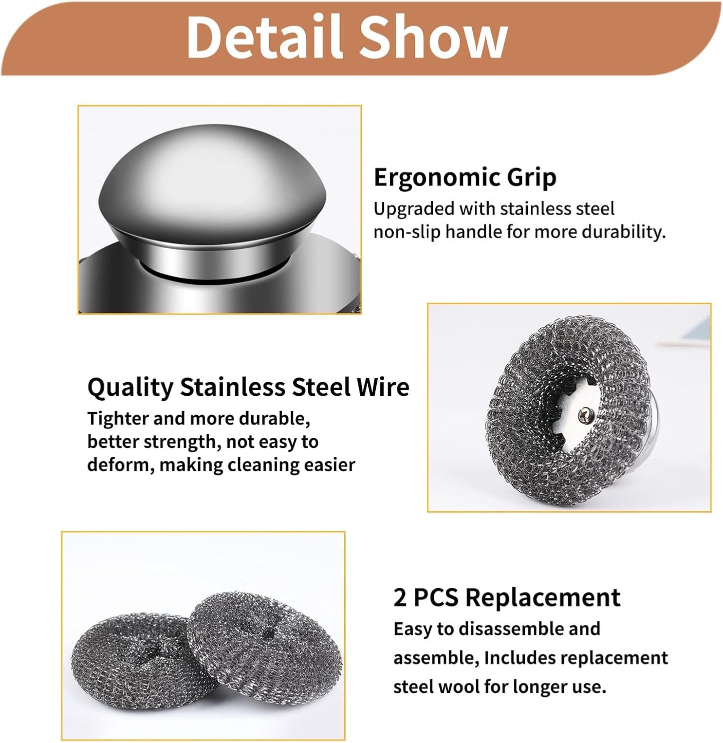 4pcs Steel Wool Scrubber with Replacement Wire Sponge Pads Set, Stainless Steel Scrubber with Handle for Scouring Stubborn Messes from Cast Iron, Pots, Pans, Grill, Stoves, Sink(2 Scrubber+2 Pads)