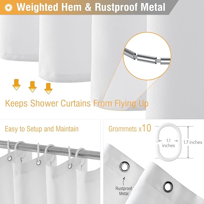 BTTN Fabric Shower Curtain, Linen Textured Heavy Duty Polyester Cloth Shower Curtain Set with Plastic Hooks, White, 60" W x 72" L (Pack of 1)