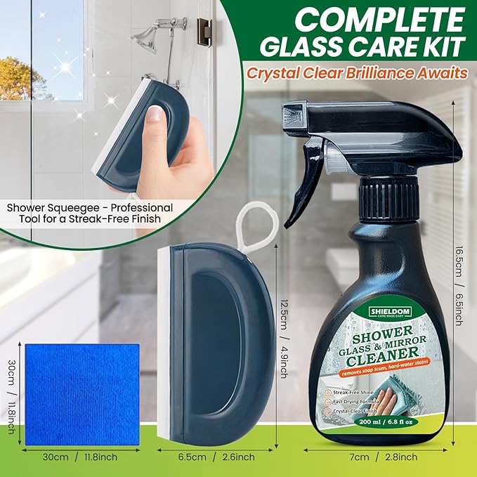 Shower Glass Cleaner, Glass Window & Mirror Cleaning Hard Water Stains Remover Removes Soap Scum/Water Spot/Fingerprint/Dirt with Squeegee & Towel for a Streak-Free Shine 6.8fl oz/200ml