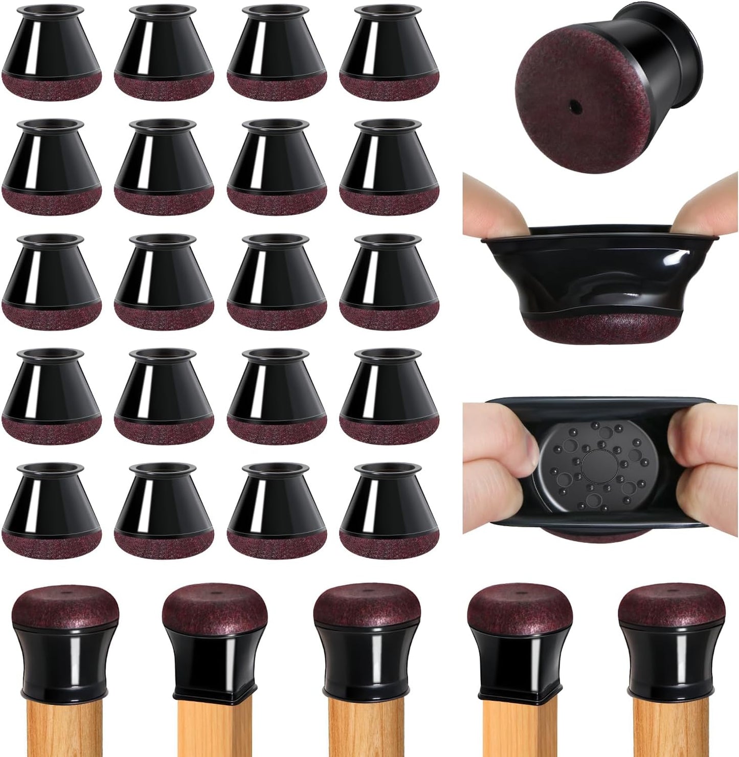 20 Pcs Chair Leg Floor Protectors for Hardwood Floors, Black Rubber Furniture Sliders with Felt, Silicone Furniture Leg Caps Covers, Fit Round Diameter (1.2" to 1.4")