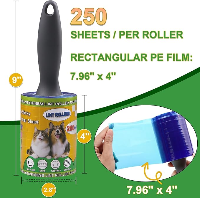 Lint Rollers Pet Hair Value Pack of 500 Sheets, Extra Sticky Lint Remover for Dog & Cat Fur, Clothes, Furniture, Couches Reusable Rollers for Fuzz, Fluff & Hair (Blue, 2 Count / 500 Sheets)