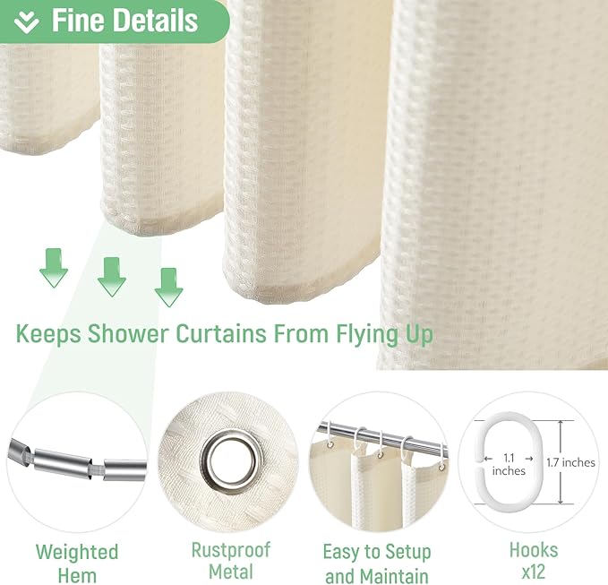 Dynamene Extra Long Shower Curtains - Waffle Fabric 90 Inches Long Heavy Duty Cloth Shower Curtains for Bathroom, 256GSM Tall Hotel Luxury Shower Curtain Set with 12 Plastic Hook, 72x90, Cream/Ivory