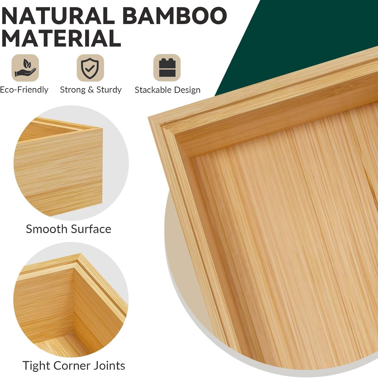 Bamboo Drawer Organizer, Narrow Stackable Cutlery Tray for Kitchen, 2 Pcs Silverware & Utensil Box, 12" x 3" x 2" (Outer), 11.3" x 2.3" x 1.77" (Inner)