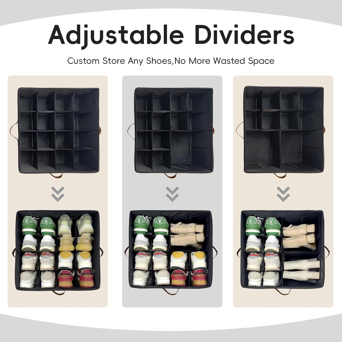 Shoe Organizer Box 2 Pack, Shoe Storage Organizer with Clear Cover, Adjustable Dividers Fits 16-32 Pairs, Fabric Shoe Organizer for Closet, Black