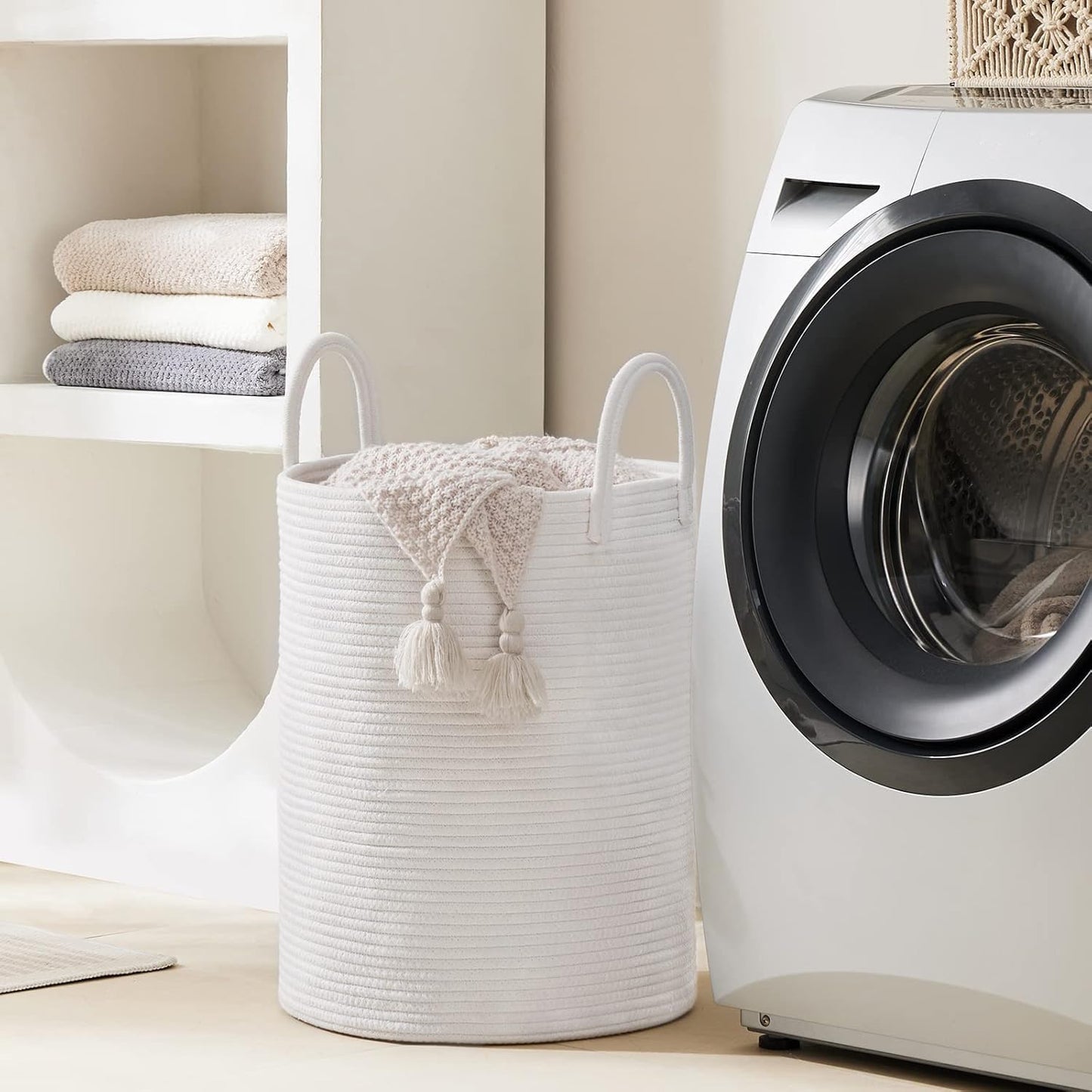 Woven Rope Laundry Hamper Basket by YOUDENOVA, 72L Tall Luandry Basket, Baby Nursery Hamper for Blanket Storage in Bedroom-Large-Pure White