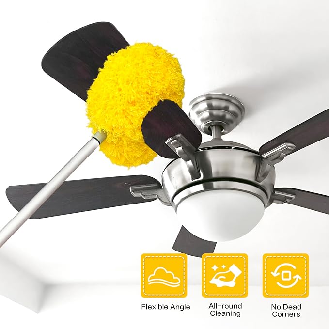 Ceiling Fan Cleaner Duster Reusable Microfiber Ceiling Fan Blade Cleaner Removable Duster with Extension Pole Adjusts 13 to 49.7 Inch for Cleaning Walls Bookshelves Furniture Door Window Top (Yellow)