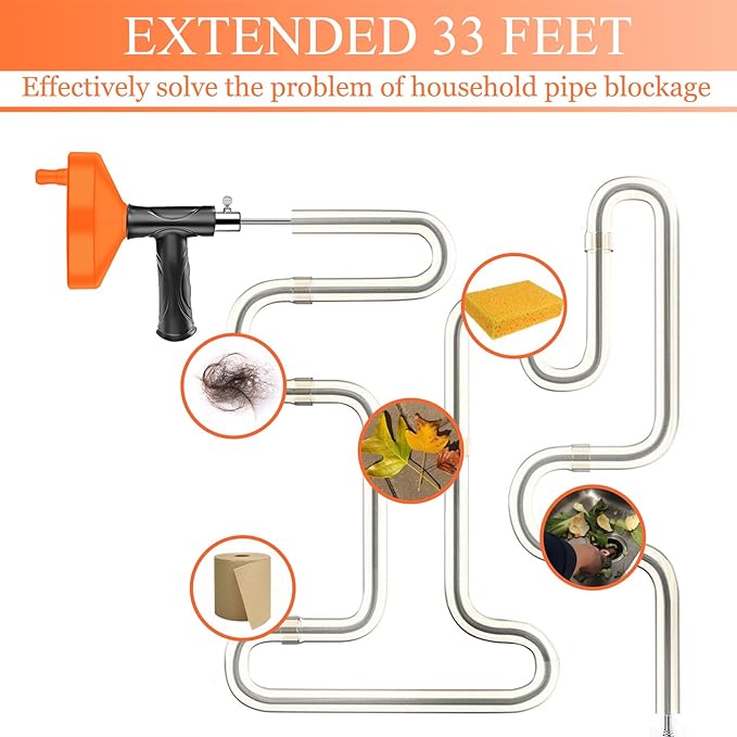 Drain Snake Auger, Plumbing Snake Drain Hair Clog Removal Tool, Heavy Duty Toilet Snake Auger, Sink Unclogger Drain Cleaner Tool for Bathroom Kitchen Tub Shower Drain Clog Remover with Gloves（33 Feet）
