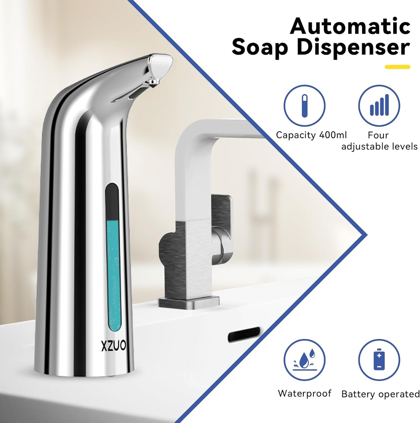Automatic Soap Dispenser with Infrared Sensor - Adjustable 4-Level Touchless Hand Soap for Kitchen, Bathroom - Battery Operated Electric Dispenser, Durable Plastic, Smart Soap Holder (400ML Silver)