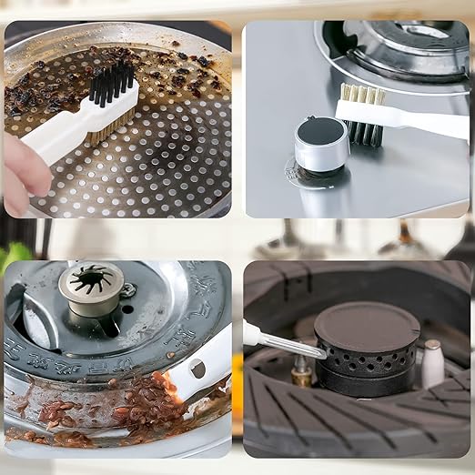 2 Pcs Deep Gas Stove Wire Brushes 4-in-1 Metal Kitchen Cleaning Wire Brush Small Brass/Nylon Brushes for Cleaning Gas Stove Range Hood Pot Pan Paint/Rust/Dirt