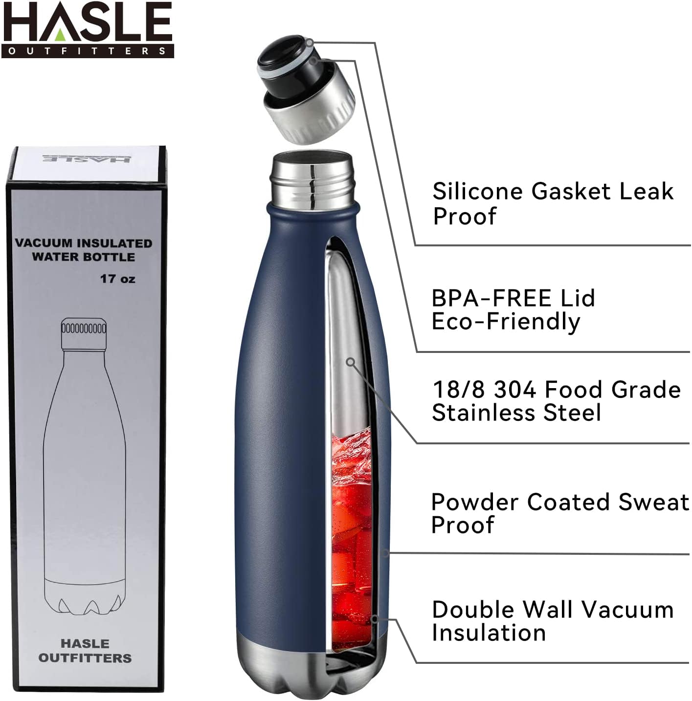 HASLE OUTFITTERS 17oz Stainless Steel Water Bottles Bulk, Vacuum Insulated Water Bottles Double Walled Powder Coated Reusable Metal Sports Water Bottles Keep Drinks Hot and Cold, Navy, 4Packs