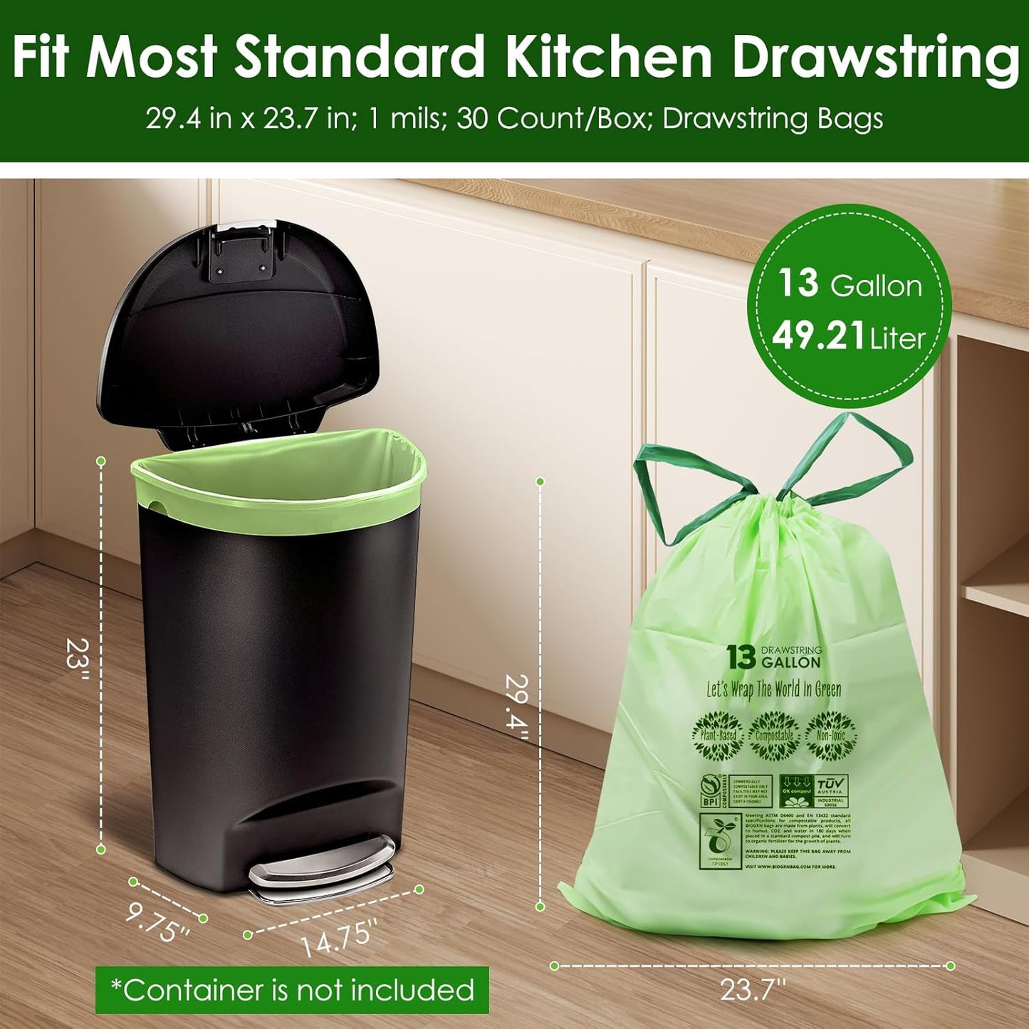 10-13 Gallon Compostable Trash Bags with Drawstring, Heavy Duty Extra Thick 1 Mil, 49.21 Liter, Tear Resistant & Odorless Kitchen Food Scrap Waste Bag, US BPI and OK Compost Home Certified (30 Count)