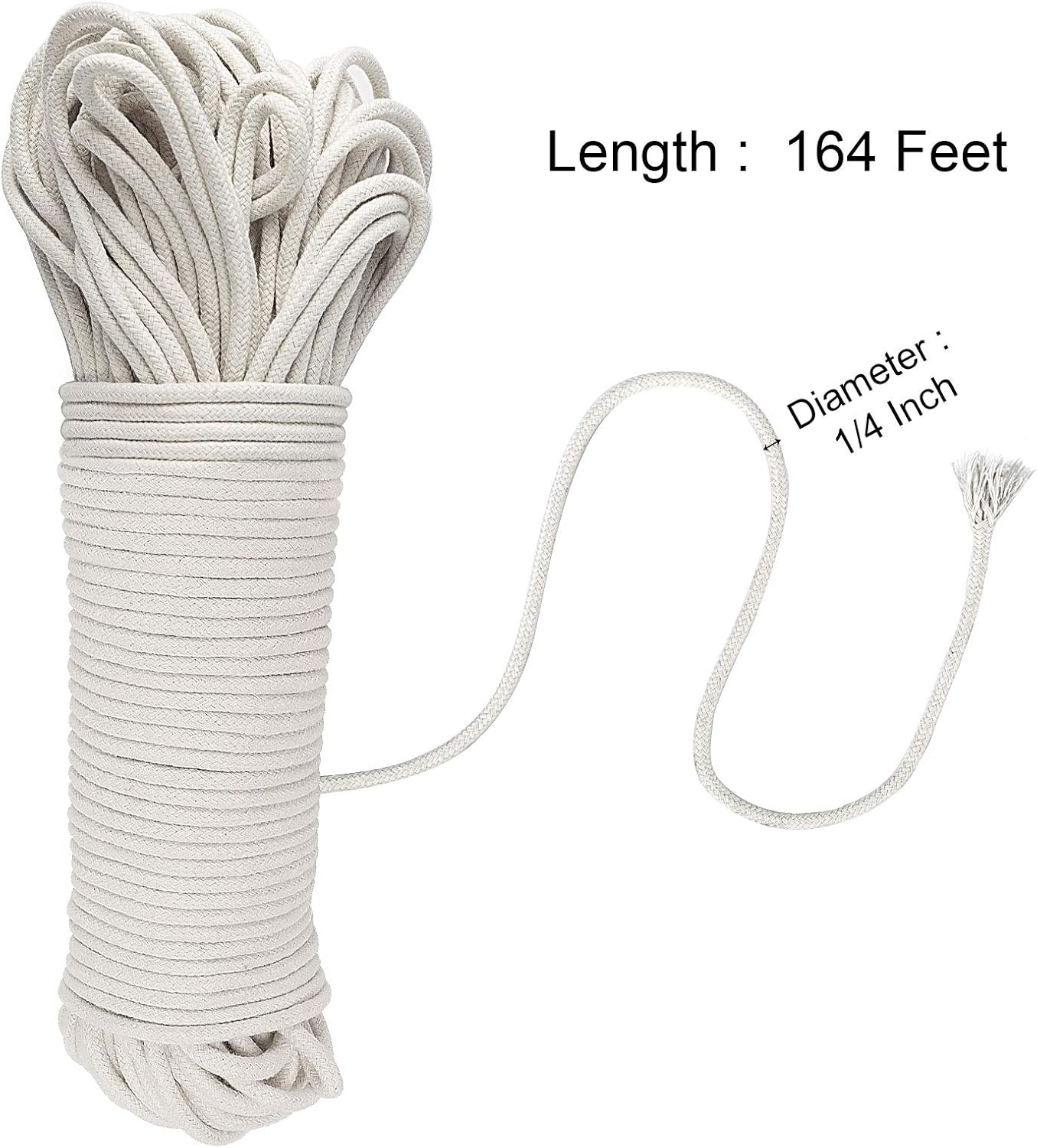 164 Feet 1/4 Inch White Natural Cotton Rope, Cotton Clothesline Rope, All-Purpose Craft Rope for Clothes Hanger, Garden Flower Potted Plants, Laundry Line Dryer, 1 Solid Rope