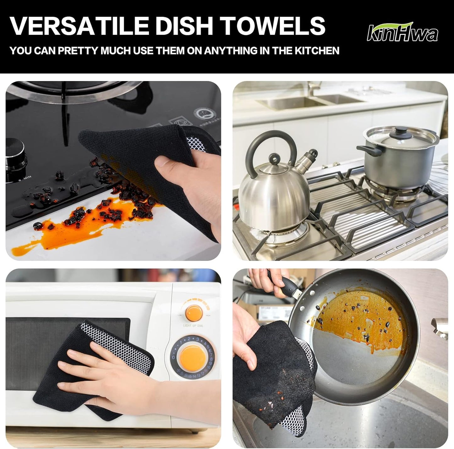 KinHwa Kitchen Washcloths for Dishes Absorbent Microfiber Dish Cloths Quick Dry Dish Rags with Poly Scour Scrub Side Ideal for Kitchen Cleaning (Black, 12inchx12inch 9 Pack)