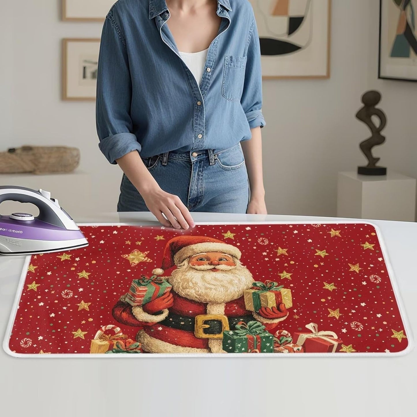 Ironing Mat Christmas Portable Ironing Pad Blanket for Table Top Heat Resistance Foldable Lightweight 32 x 16 Inch Santa Claus Small Ironing Pads for Washer,Dryer,Countertop