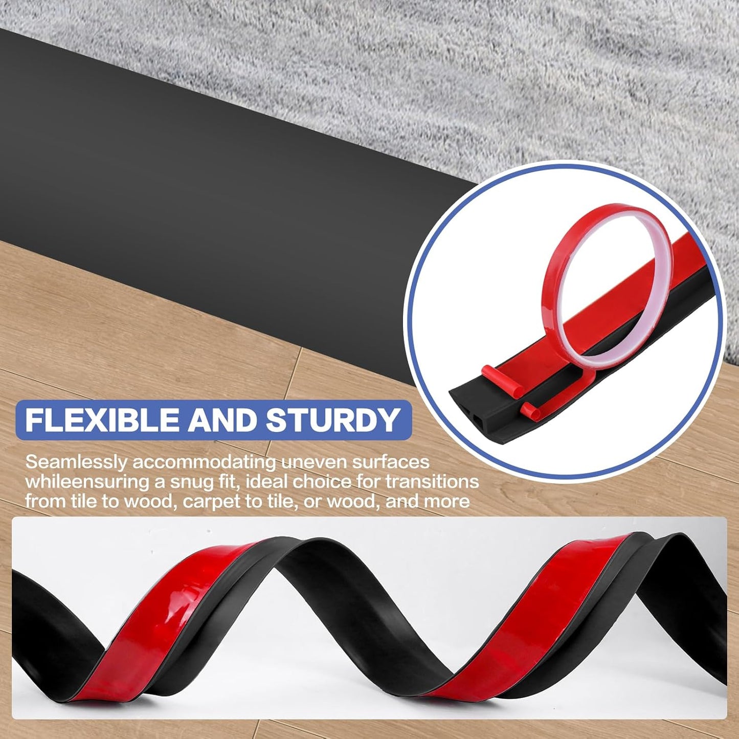 Floor Transition Strip Vinyl Door Threshold Ramp Self Adhesive Carpet Edging Strip Doorway Edge Trim, Overlap Edge Reducer for Laminate Carpet, Floor, Tile (Black, 1/5" to 2/5", 3.3Ft)