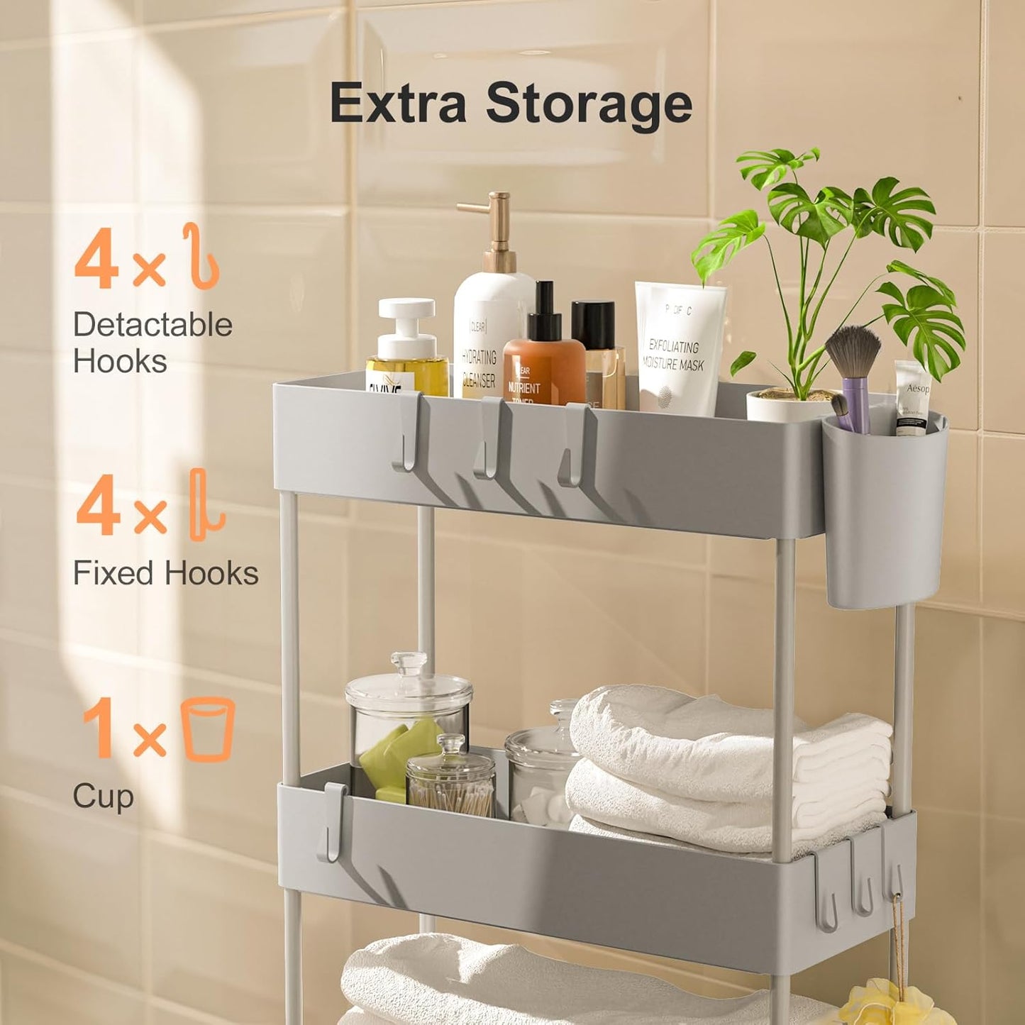 Pipishell Slim Storage Cart with Wheels, 4 Tier Bathroom Storage Organizer Rolling Utility Cart for Bathroom Kitchen Laundry Room Office Narrow Place (Gray)