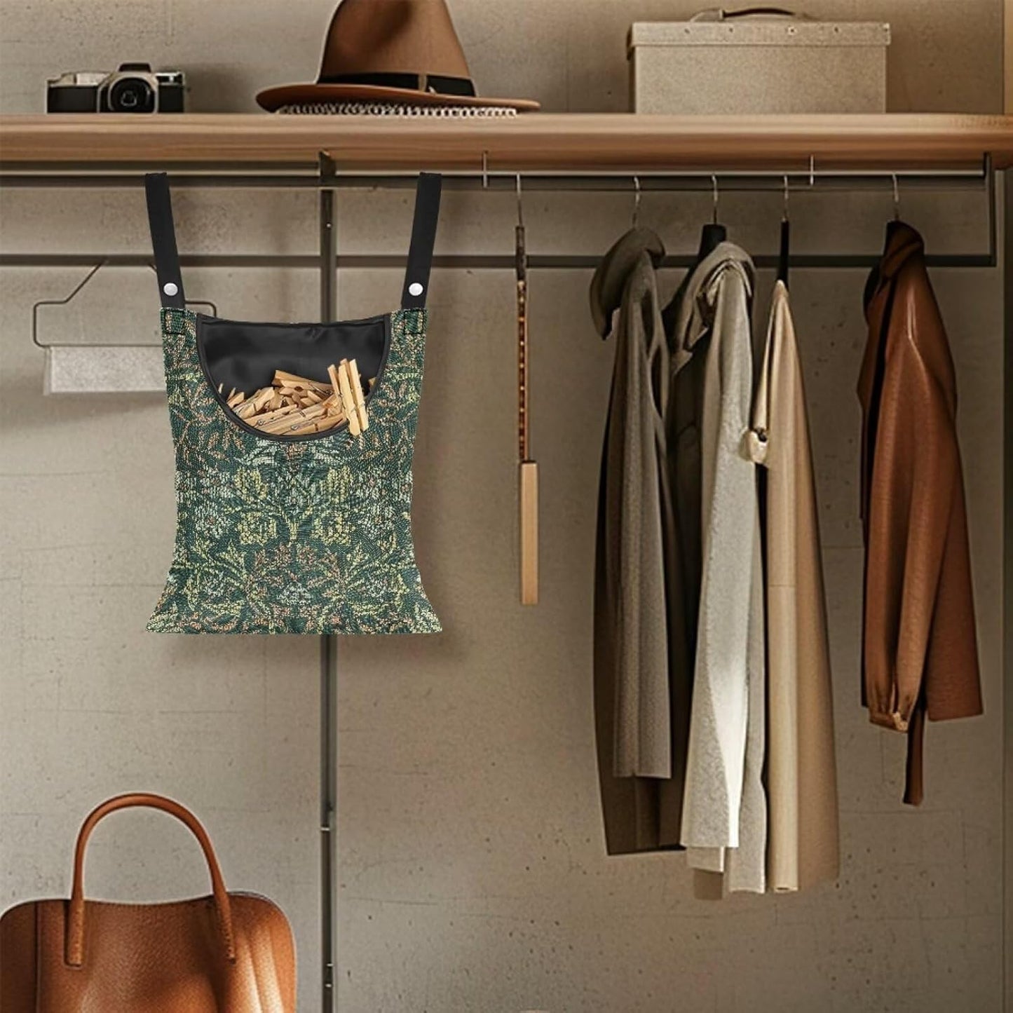 Jumbo Clothespin Organizer Bag 14.5x12 Inches - Extra Wide Access Opening - Industrial Strength Hanging Storage for Home & Commercial Laundry Use William Morris Flower Print