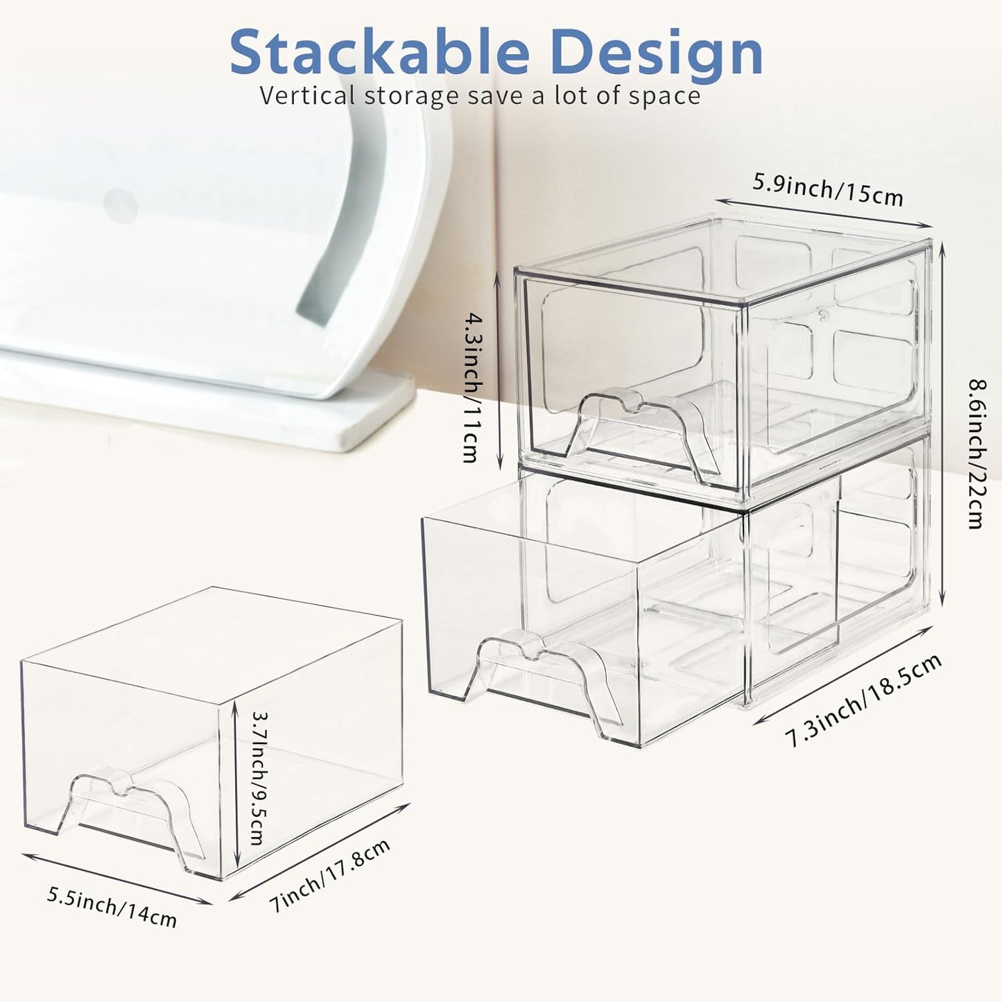 Plastic Drawers Storage, 6 Pack Clear Stackable Storage Drawers, Acrylic Storage Bins with Drawers for Fridge Organizers, Small PlasticDrawers Stackable for Makeup Organizers Cosmetic Display