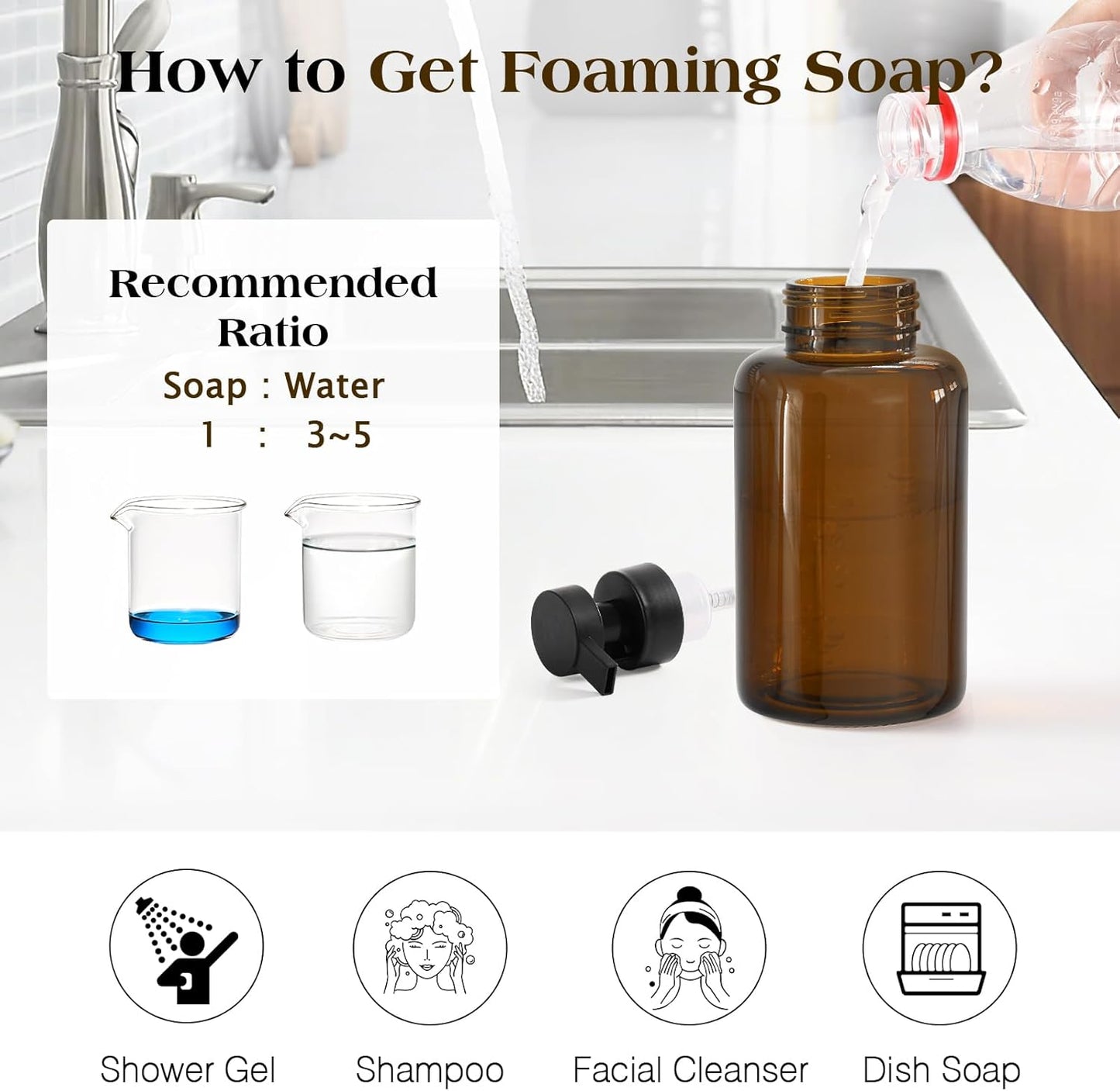 Luxspire Foaming Soap Dispenser, Glass Foam Pump Soap Dispenser, Non-Slip Silicone Sleeve & 5 Waterproof Labels, 15 Oz Refillable Liquid Bottle for Bathroom & Kitchen, Amber, 1 Pack