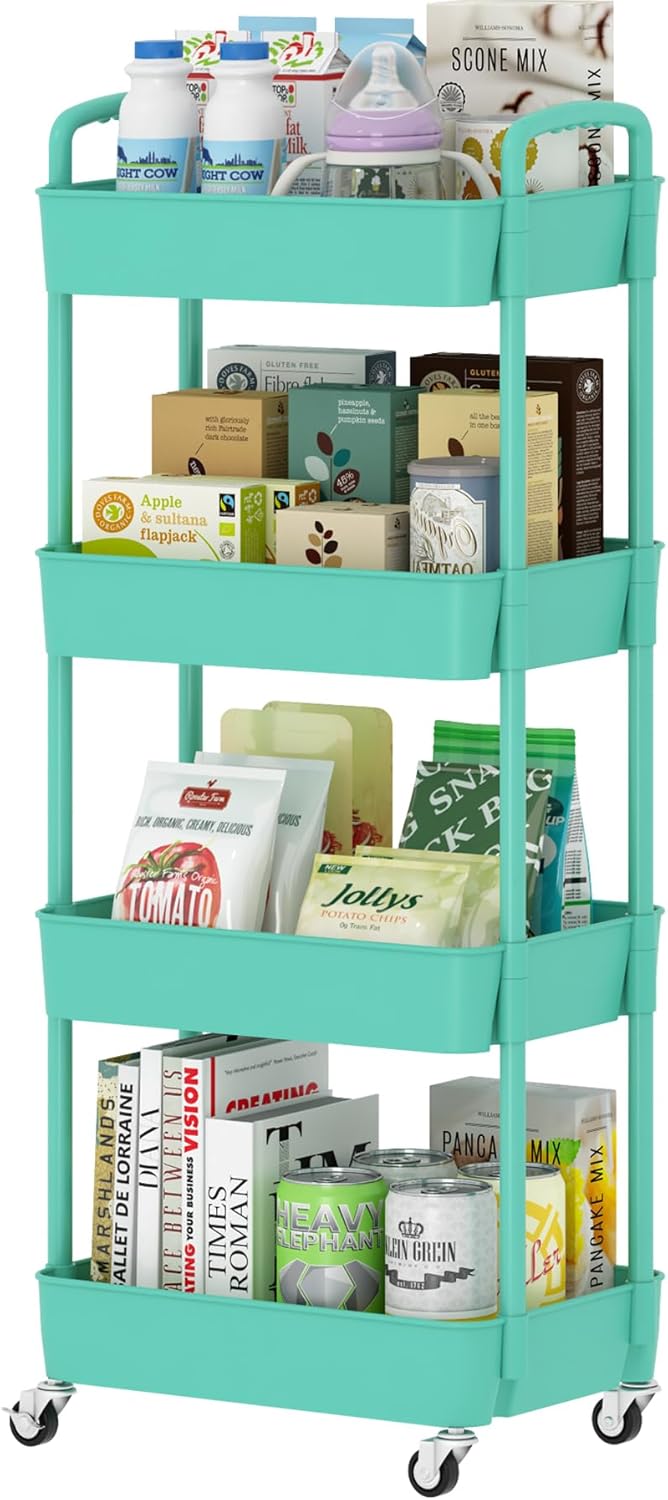 Sywhitta 4-Tier Plastic Rolling Utility Cart with Handle, Multi-Functional Storage Trolley for Office, Living Room, Kitchen, Movable Storage Organizer with Wheels, Green