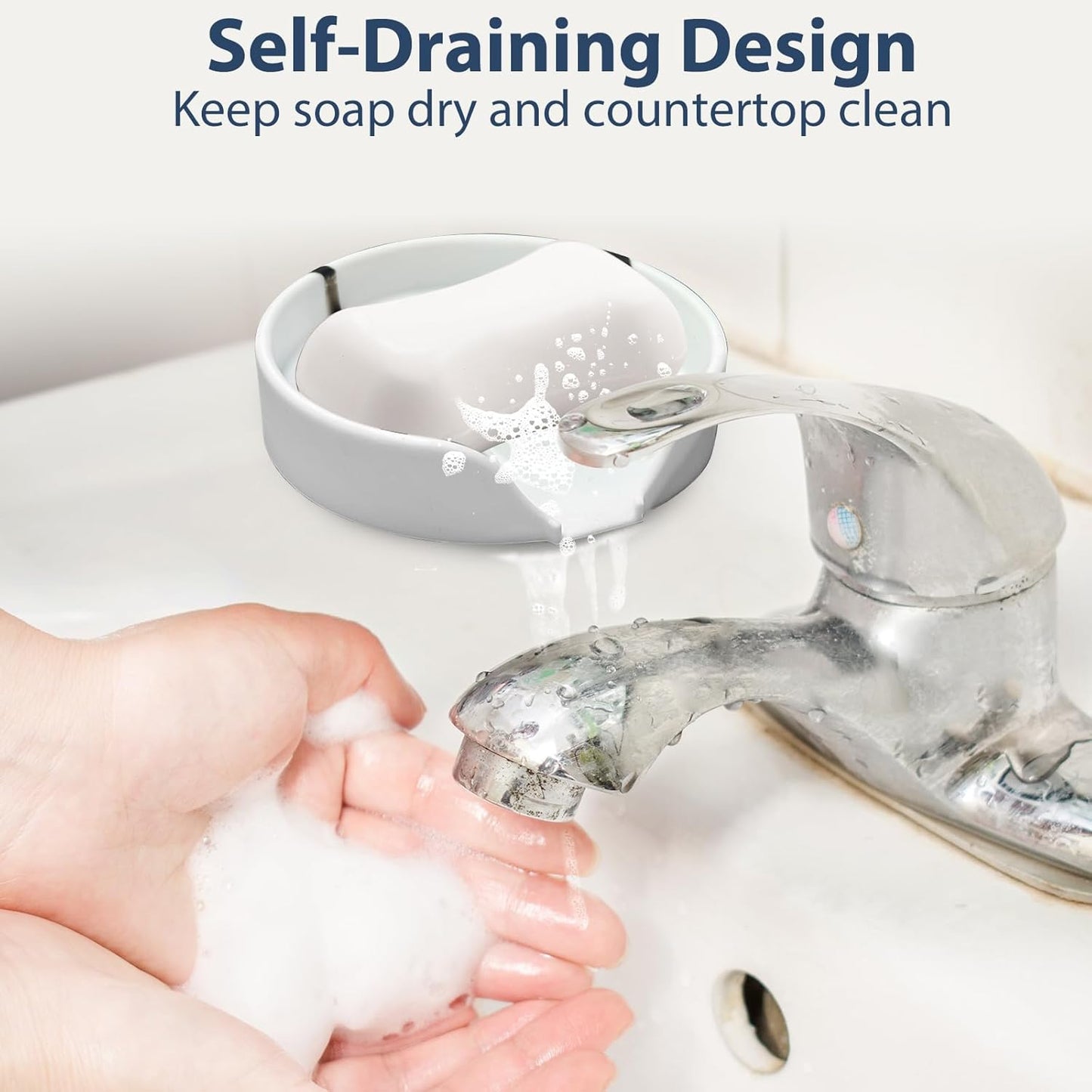 Self Draining Soap Dish, Silicone Suction Cup Soap Holder Tray Savers Container Sponge Holder for Bar Bathroom Shower Kitchen Sink, Can Extend Soap Life (2, White)