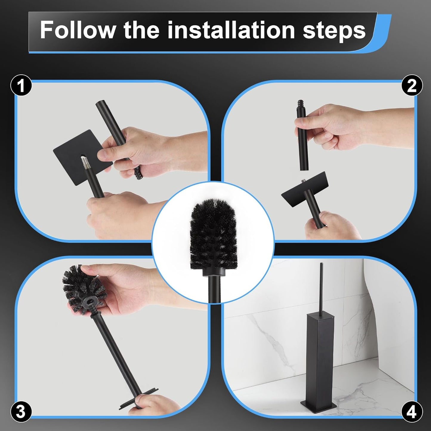 BVL Toilet Brush and Holder Set Black Stainless Steel 304 Square Freestanding Toilet Brush for Bathroom