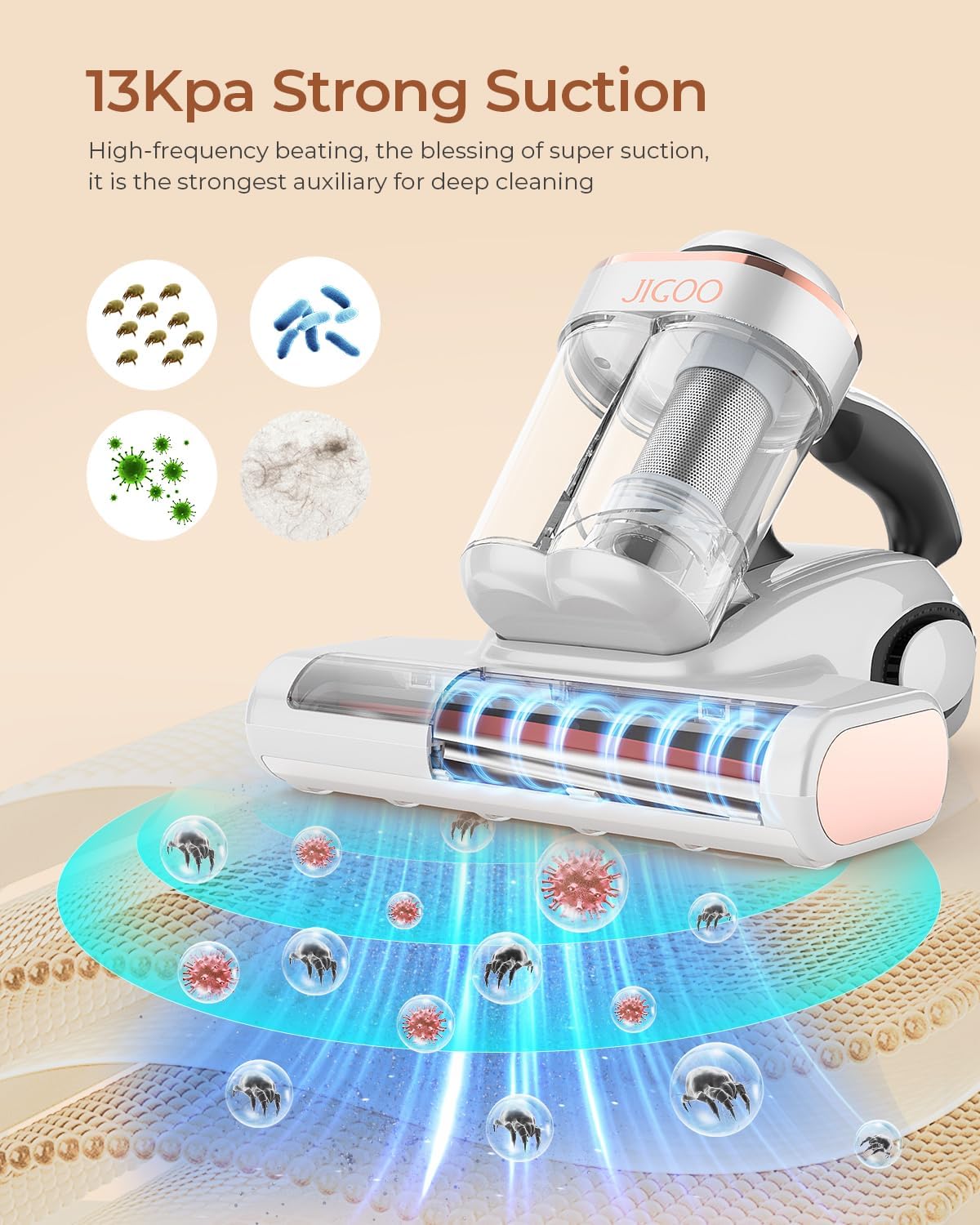 JIGOO Bed Vacuum Cleaner with Dust Sensor, Mattress Vacuum Cleaner with UV & Ultrasonic and High Heating, 13Kpa Suction 500W Powerful Double-Cup Handheld Vacuums (J300, Corded)