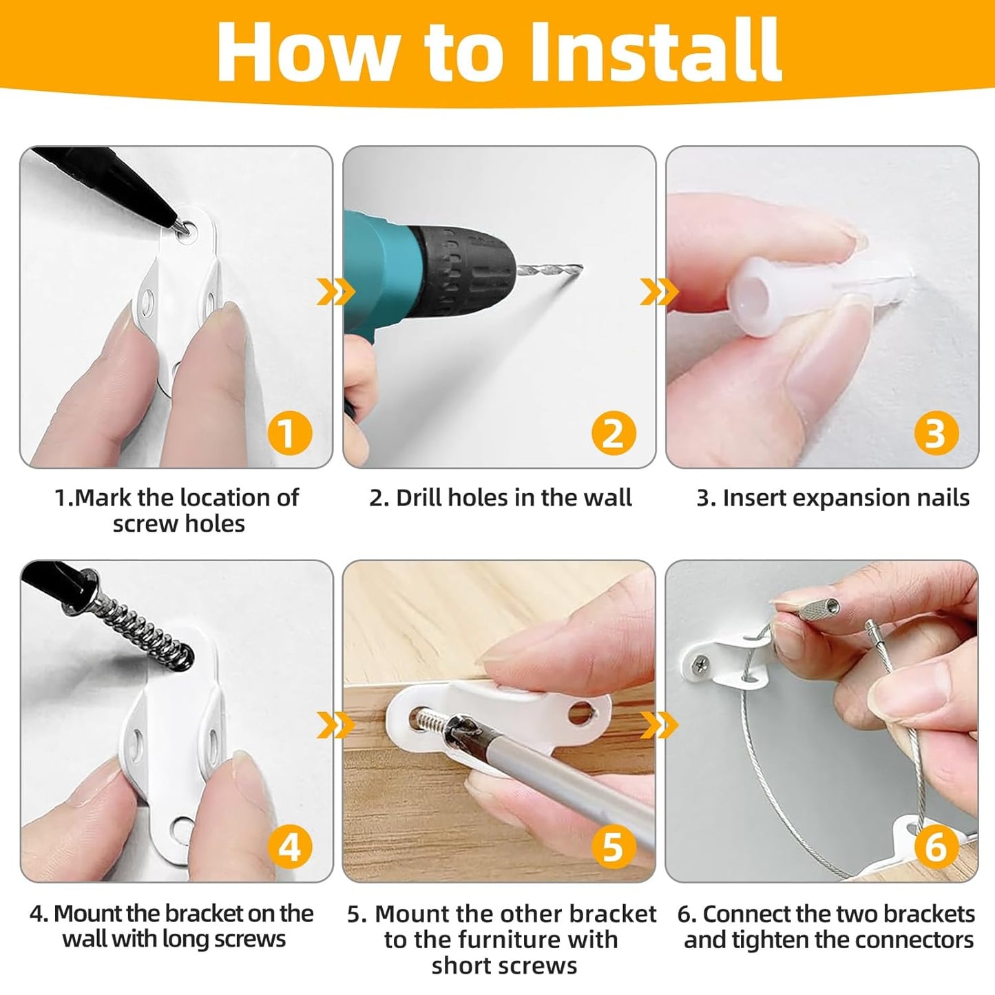 10-Pack Baby Proof Heavy Duty Furniture Anchors for Dressers, Bookcases and TV Cabinets 400LB Anti Tip Kit with Stainless Steel Hardware Shock Straps (White)