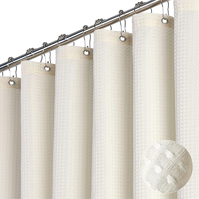 Dynamene Extra Long Fabric Shower Curtain， Waffle Weave 84 Inches Long Heavy Duty Cloth Shower Curtains for Bathroom, 256GSM Hotel Luxury Bath Curtain Set with 12 Plastic Hooks(72Wx84H, Cream/Ivory)